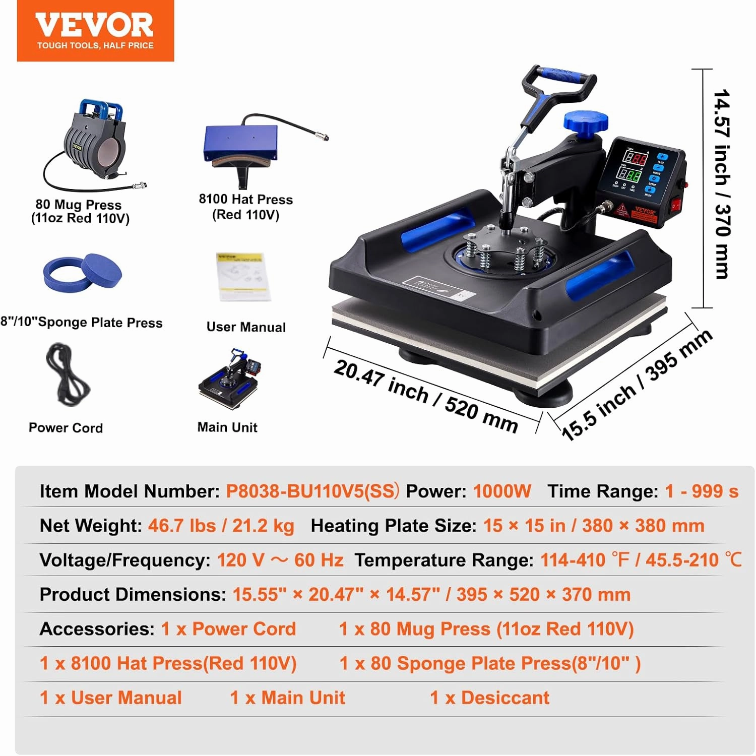 VEVOR 5 in 1 Heat Press-15x15 Inch Heat Press Machine with Tumbler Press Hat Press,360° Rotation Swing-Away Digital Control Multifunction for T-Shirts, Tumblers,Mugs,Hats, Plates