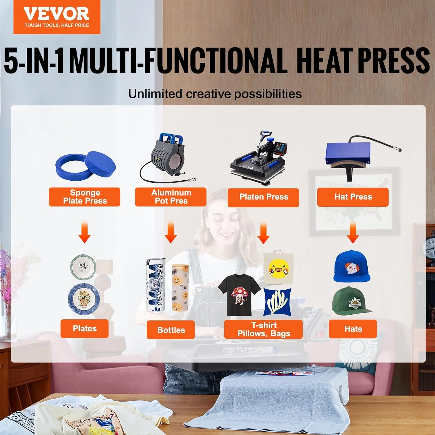 VEVOR 5 in 1 Heat Press-15x15 Inch Heat Press Machine with Tumbler Press Hat Press,360° Rotation Swing-Away Digital Control Multifunction for T-Shirts, Tumblers,Mugs,Hats, Plates