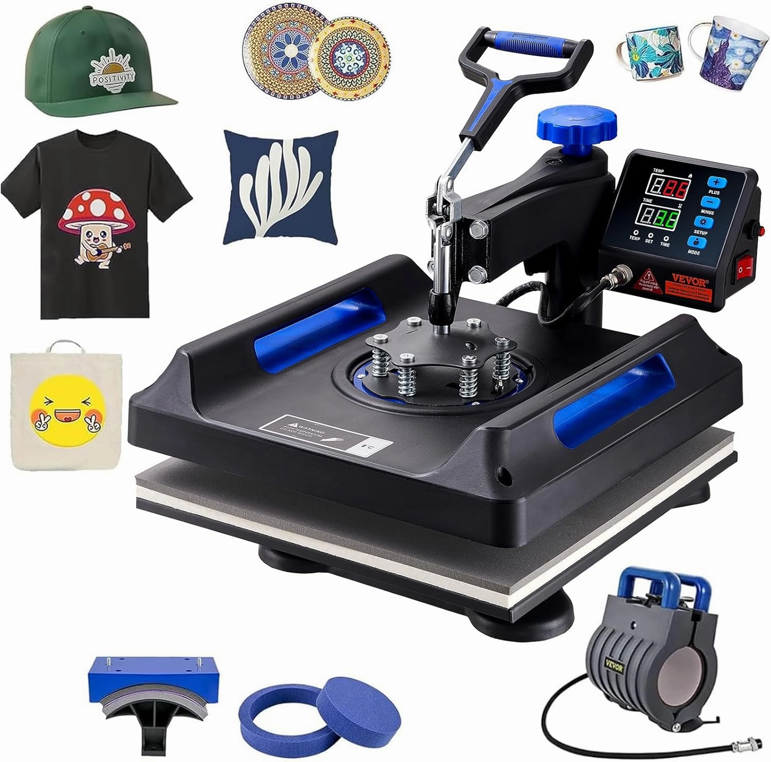 VEVOR 5 in 1 Heat Press-15x15 Inch Heat Press Machine with Tumbler Press Hat Press,360° Rotation Swing-Away Digital Control Multifunction for T-Shirts, Tumblers,Mugs,Hats, Plates