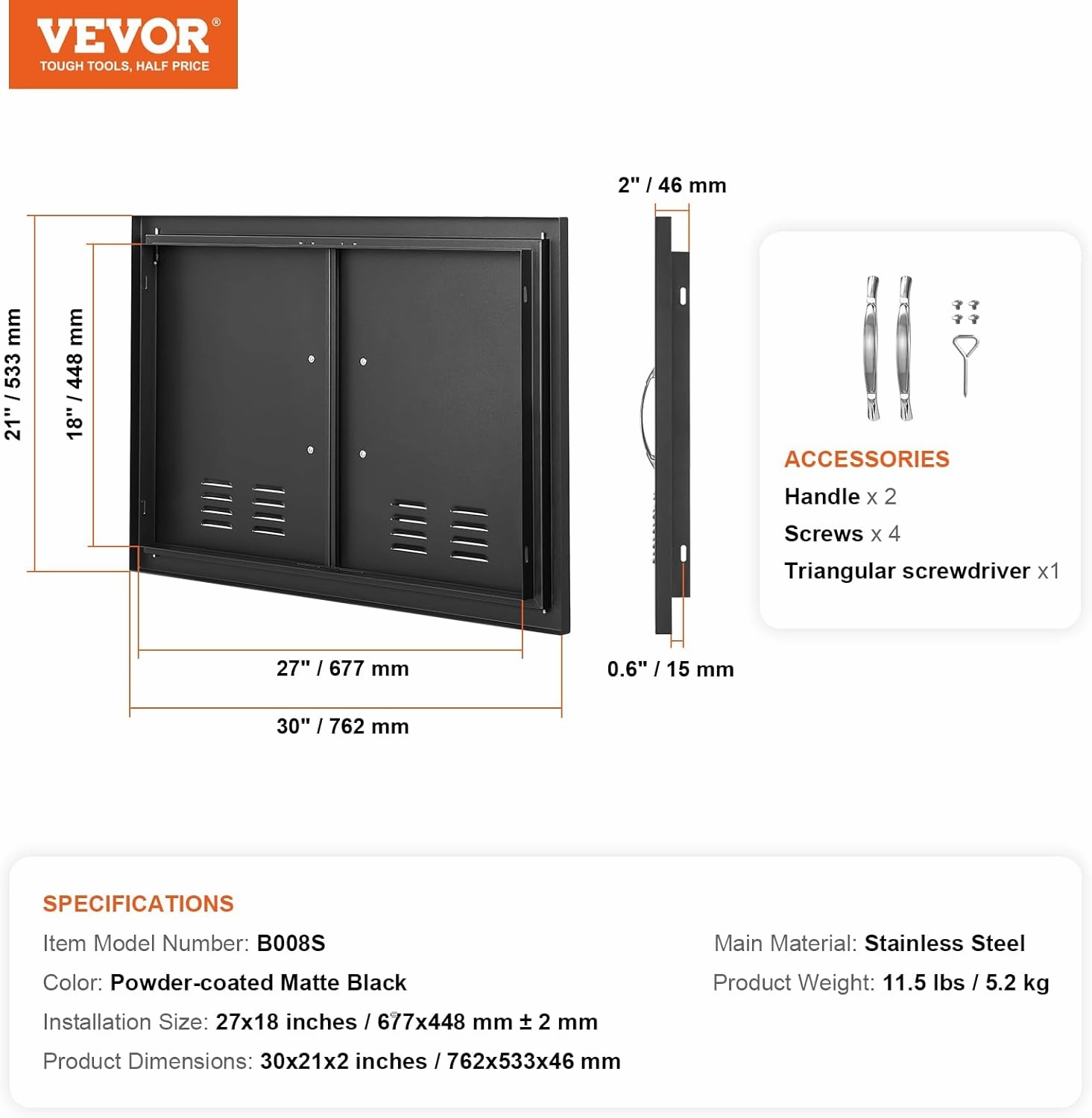 VEVOR BBQ Access Door, 30W x 21H Inch Double Outdoor Kitchen Door, Cold Plate Flush Mount Door, Wall Vertical Door with Handles and Ventss, for BBQ Island, Grilling Station, Outside Cabinet