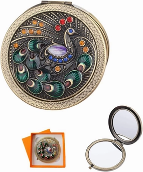 Vintage Compact Mirror Small Rustic Travel Makeup Mirror 2X 1X Magnification Double Sided Folding Round Mirror for Women Girl Lightweight Metal Cosmetic Pocket Rustic Mirror for Purse Handbag