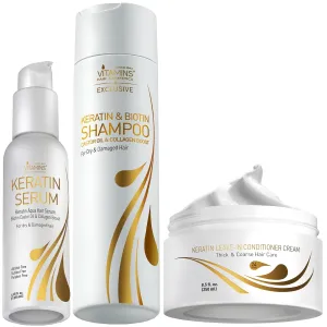 VITAMINS hair cosmetics Keratin Hair Serum, Shampoo & Thick Hair Leave-In Cream Kit - Heat Protectant Anti-Frizz Serum, Deep Cleansing Shampoo & No Rinse Hydrating Detangler for Dry Damaged Thick Hair