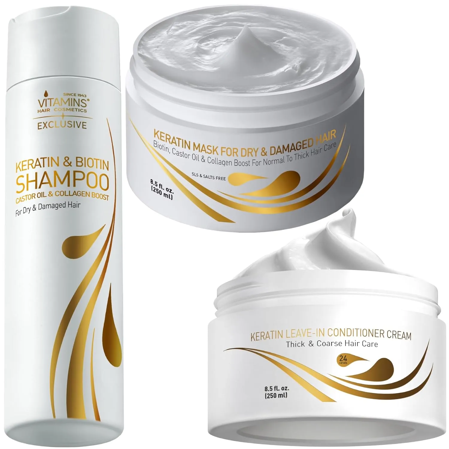 VITAMINS hair cosmetics Keratin Shampoo, Thick Hair Mask & Thick Hair Leave In Conditioner Kit - Renewing Cleanser, Deep Hydrating Treatment & No Rinse Moisturizing Cream for Dry Damaged Hair