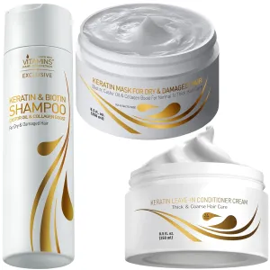 VITAMINS hair cosmetics Keratin Shampoo, Thick Hair Mask & Thick Hair Leave In Conditioner Kit - Renewing Cleanser, Deep Hydrating Treatment & No Rinse Moisturizing Cream for Dry Damaged Hair