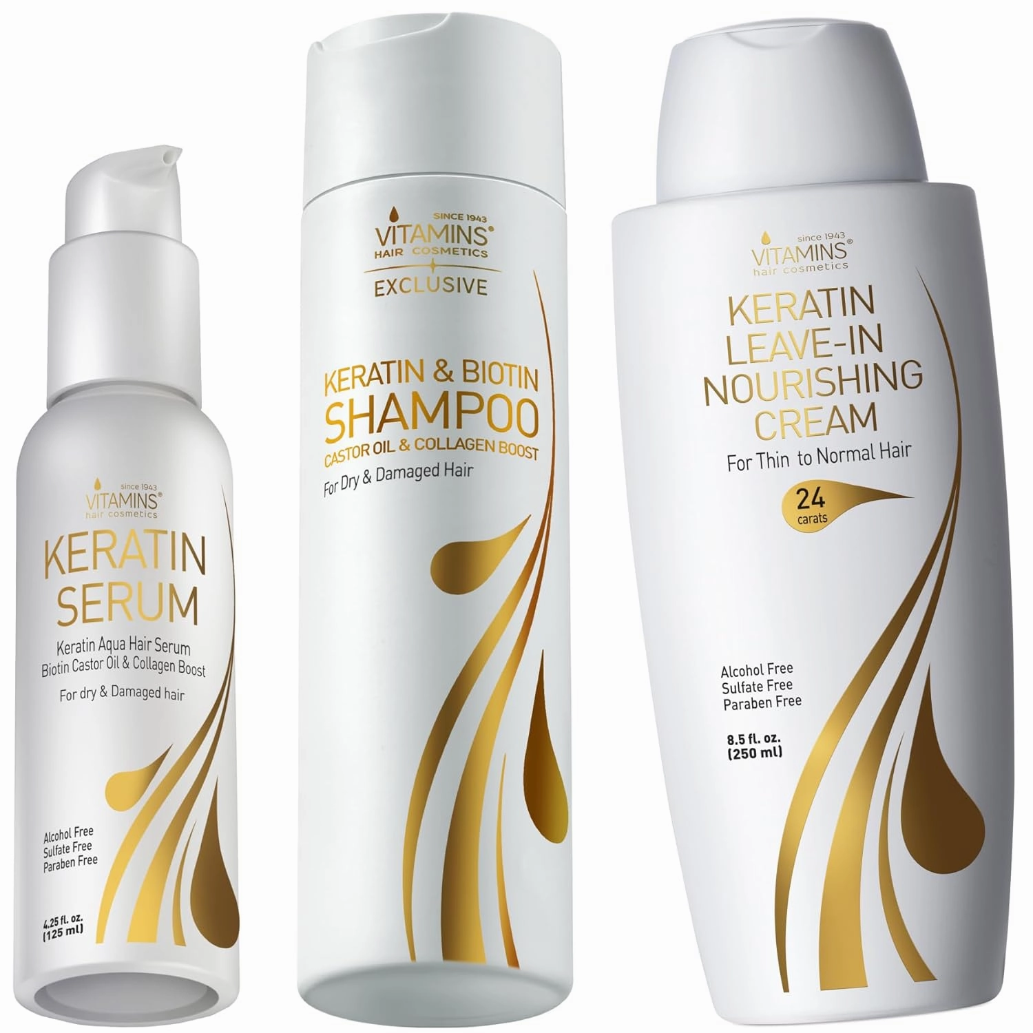 Vitamins Hair Care Kit: Keratin Leave-In Serum, Nourishing Shampoo, and Ultra Hydrating No Rinse Cream for Dry, Damaged, Thin Hair - Heat Protectant Anti-Frizz Formula