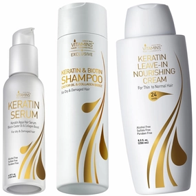 Vitamins Hair Care Kit: Keratin Leave-In Serum, Nourishing Shampoo, and Ultra Hydrating No Rinse Cream for Dry, Damaged, Thin Hair - Heat Protectant Anti-Frizz Formula
