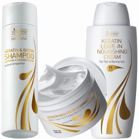 VITAMINS hair cosmetics Care Kit for Thin Hair - Nourishing Clarifying Shampoo, Intensive Deep Conditioner and Ultra Hydrating Leave-In Cream with Keratin and Argan Oil for Dry Damaged Hair
