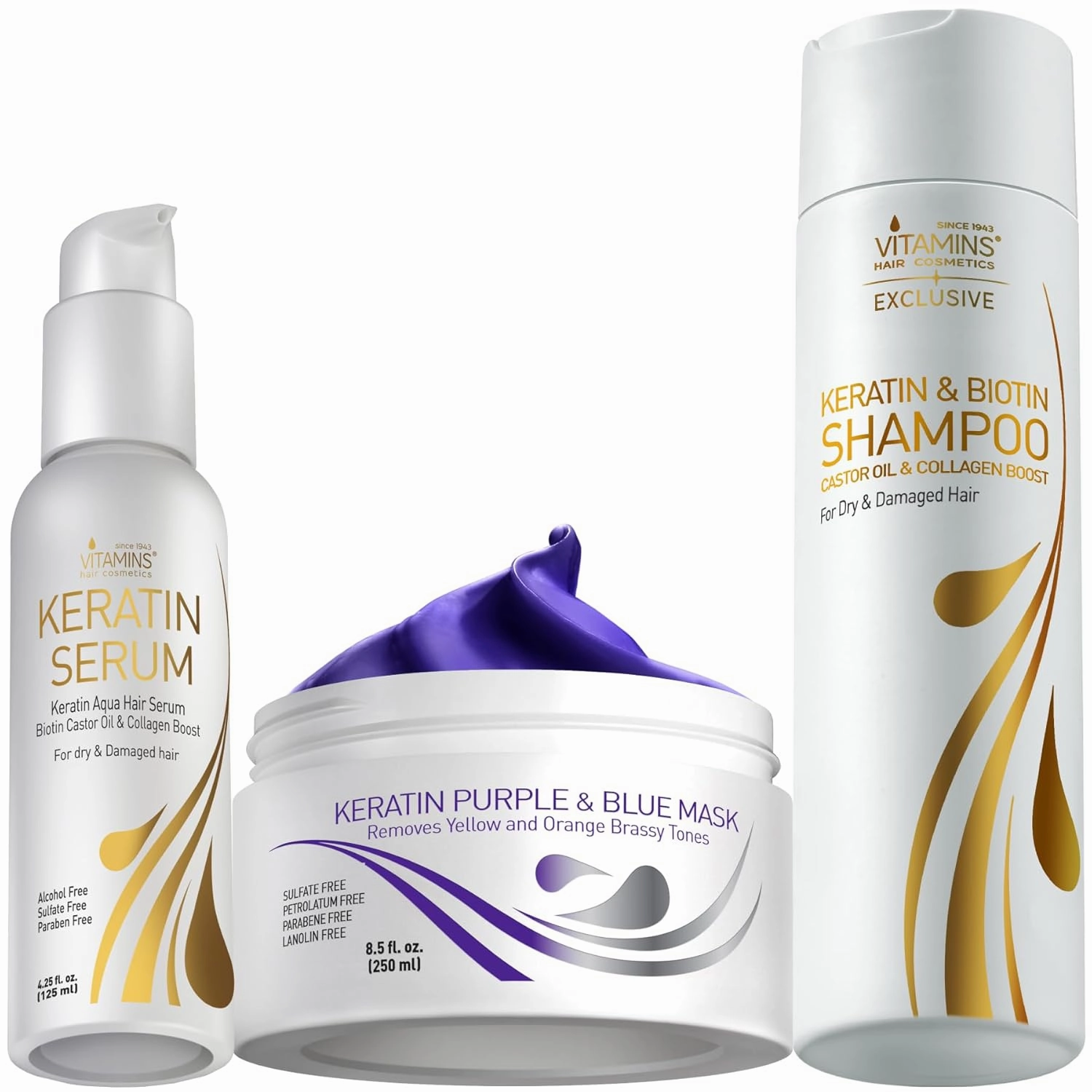 VITAMINS hair cosmetics Keratin Hair Serum, Purple Hair Mask & Shampoo Kit, Heat Protectant Anti-Frizz Serum, Anti-Brass Conditioner for Bleached Blonde Platinum Gray Damaged Hair & Nourishing Shampoo