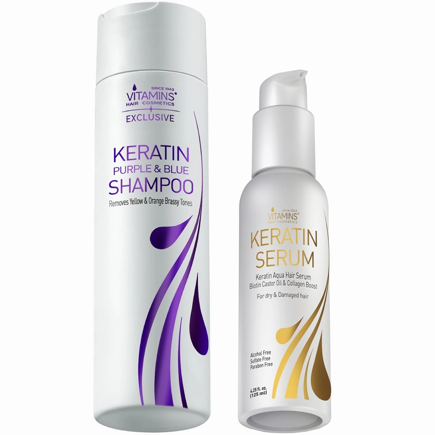 VITAMINS hair cosmetics Keratin Purple Shampoo & Hair Serum Kit - Violet Blue Shampoo Anti Brassiness for Bleached Blonde Platinum Silver White Gray Dry Hair & Heat Protectant, Anti Frizz Gloss Boost