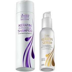 VITAMINS hair cosmetics Keratin Purple Shampoo & Hair Serum Kit - Violet Blue Shampoo Anti Brassiness for Bleached Blonde Platinum Silver White Gray Dry Hair & Heat Protectant, Anti Frizz Gloss Boost