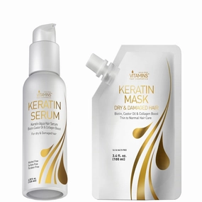 Vitamins Keratin Hair Serum and Mask Travel Kit - Weightless Heat Protectant Anti-Frizz , Deep Conditioner for Dry Damaged Hair - Pro Ultra Repair for Glossy Hair