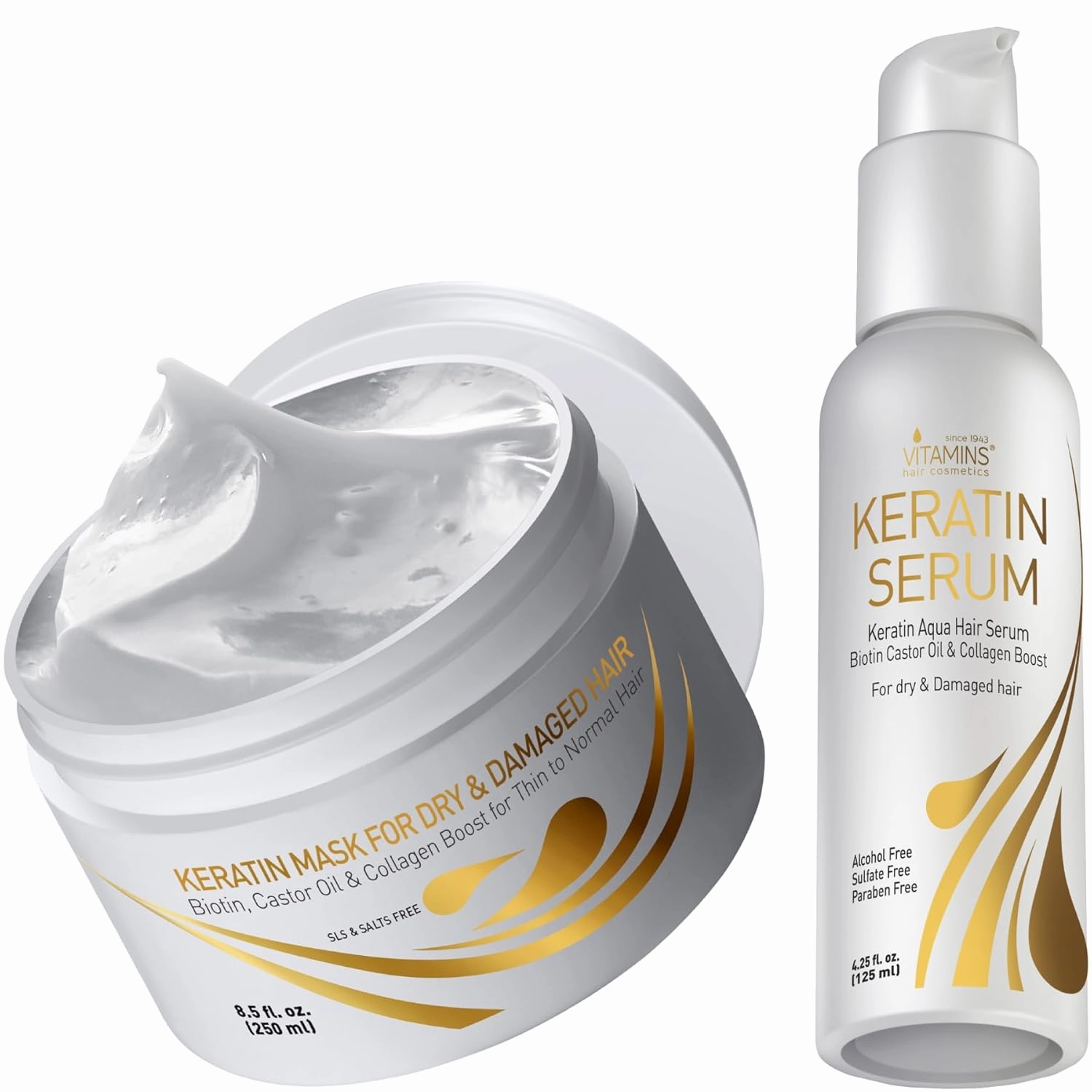 Vitamins Keratin Hair Treatment Kit - Deep Conditioner Mask and Weightless Anti-Frizz Serum for Dry, Damaged, Color-Treated Fine Hair