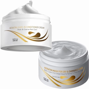 Vitamins Keratin Leave-In Conditioner and Hair Mask Kit - No Rinse Moisturizing Cream and Repair Treatment for Dry, Damaged, Curly, Wavy, Straight, Thick & Coarse Hair - Pro Salon Hair Care