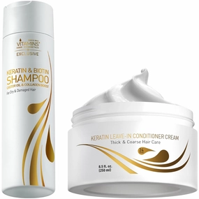 Vitamins Keratin Shampoo and Thick Hair Leave-In Conditioner Kit - Renewing Cleanser for Luminous Blowout Look and No Rinse Conditioning Moisturizer For Dry Damaged Hair - Pro Salon Hair Care