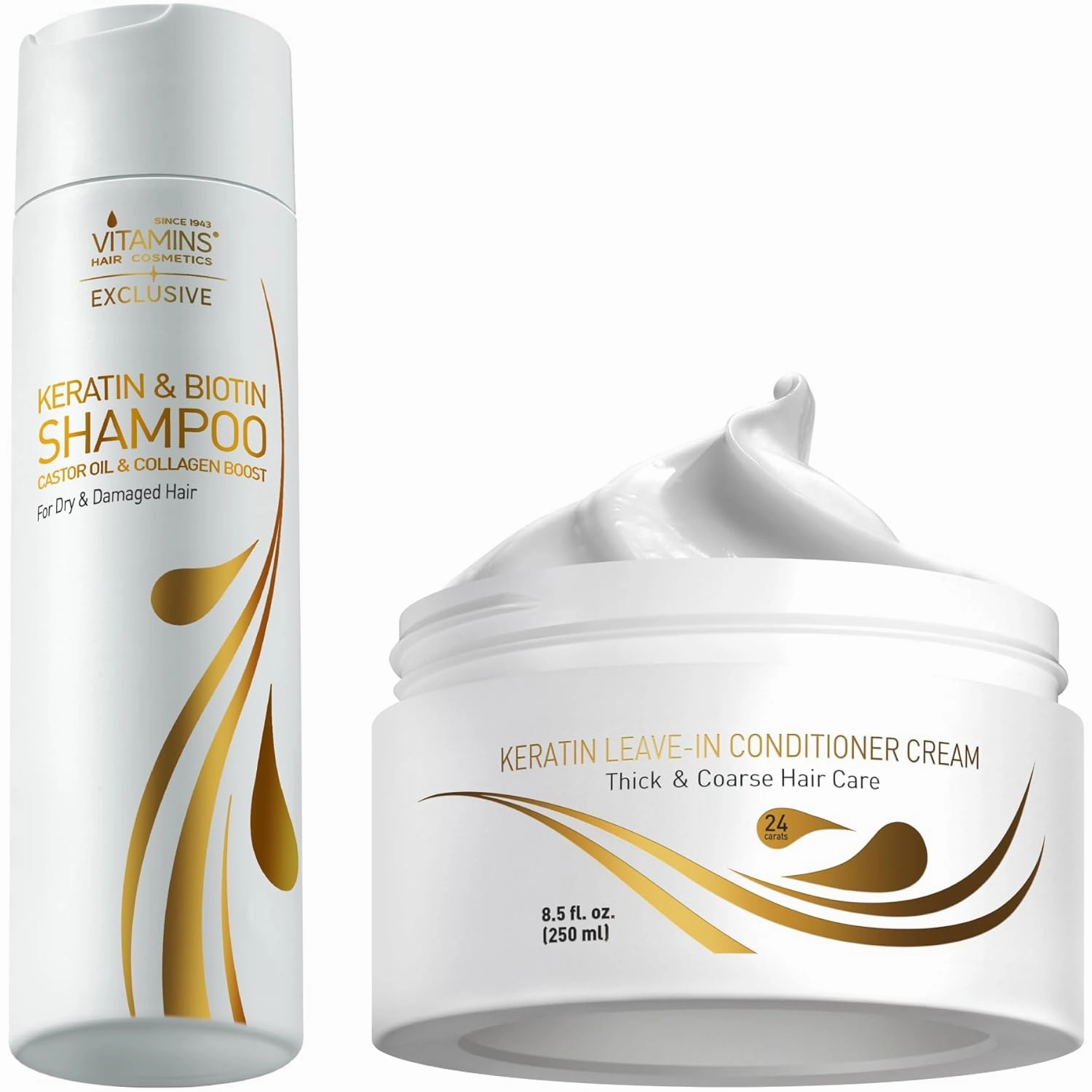 Vitamins Keratin Shampoo and Thick Hair Leave-In Conditioner Kit - Renewing Cleanser for Luminous Blowout Look and No Rinse Conditioning Moisturizer For Dry Damaged Hair - Pro Salon Hair Care