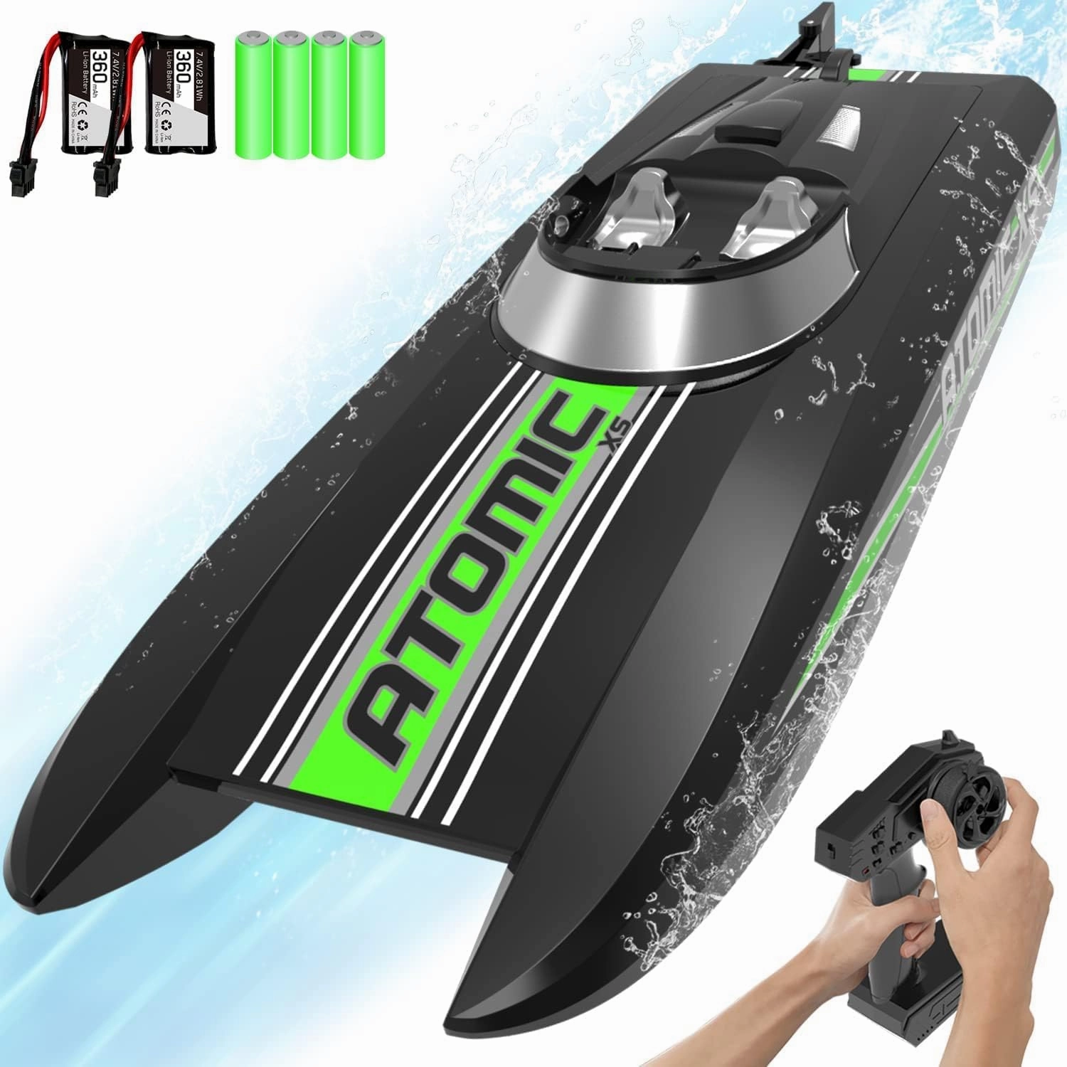 VOLANTEXRC Remote Control Boats for Pools and Lakes 20 MPH AtomicXS High Speed RC Boat for Kids or Adults Toy Boat Gifts with 2 Batteries & Reverse Function (795-5 Black)