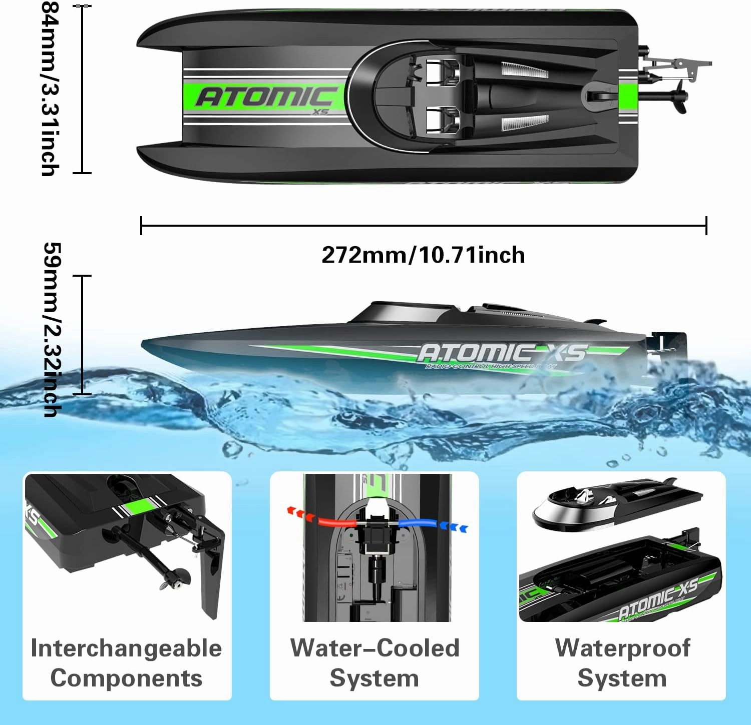 VOLANTEXRC Remote Control Boats for Pools and Lakes 20 MPH AtomicXS High Speed RC Boat for Kids or Adults Toy Boat Gifts with 2 Batteries & Reverse Function (795-5 Black)