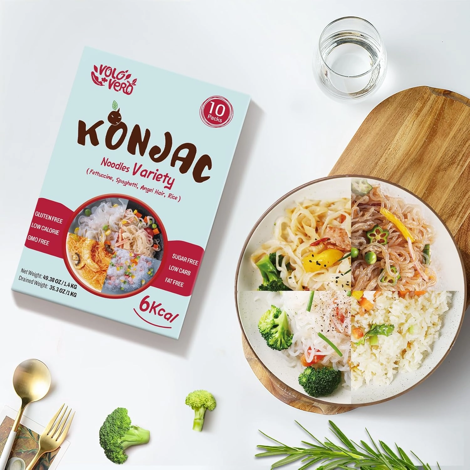 VOLO VERO Konjac Noodles Variety Pack - 10 Packs Shirataki Noodle Pasta with Fettuccine, Spaghetti, Angel Hair, and Rice Shapes, Gluten-Free, Sugar-Free, Keto, Vegan, Low Calorie, Low GI, Ready-to-Eat Healthy Food Gifts