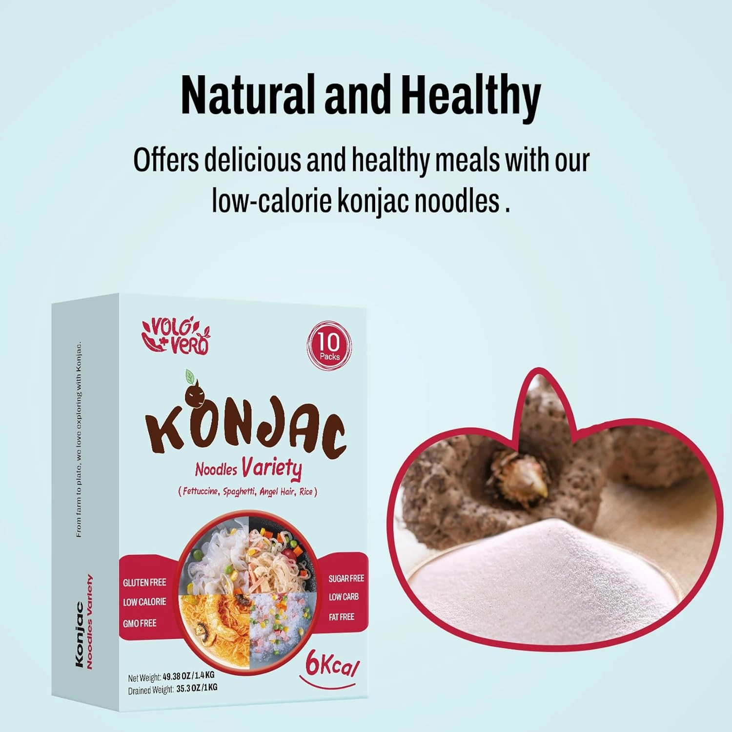 VOLO VERO Konjac Noodles Variety Pack - 10 Packs Shirataki Noodle Pasta with Fettuccine, Spaghetti, Angel Hair, and Rice Shapes, Gluten-Free, Sugar-Free, Keto, Vegan, Low Calorie, Low GI, Ready-to-Eat Healthy Food Gifts
