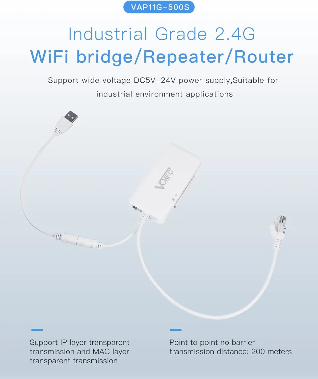 VONETS 2.4GHz WiFi Router/Wireless Bridge Ethernet Repeater/WiFi Hotspot Extender/Signal Range Coverage, 2 RJ45 Ports for Network Printer, IP Camera, Industrial PLC, IoT Network Devices VAP11G-500S