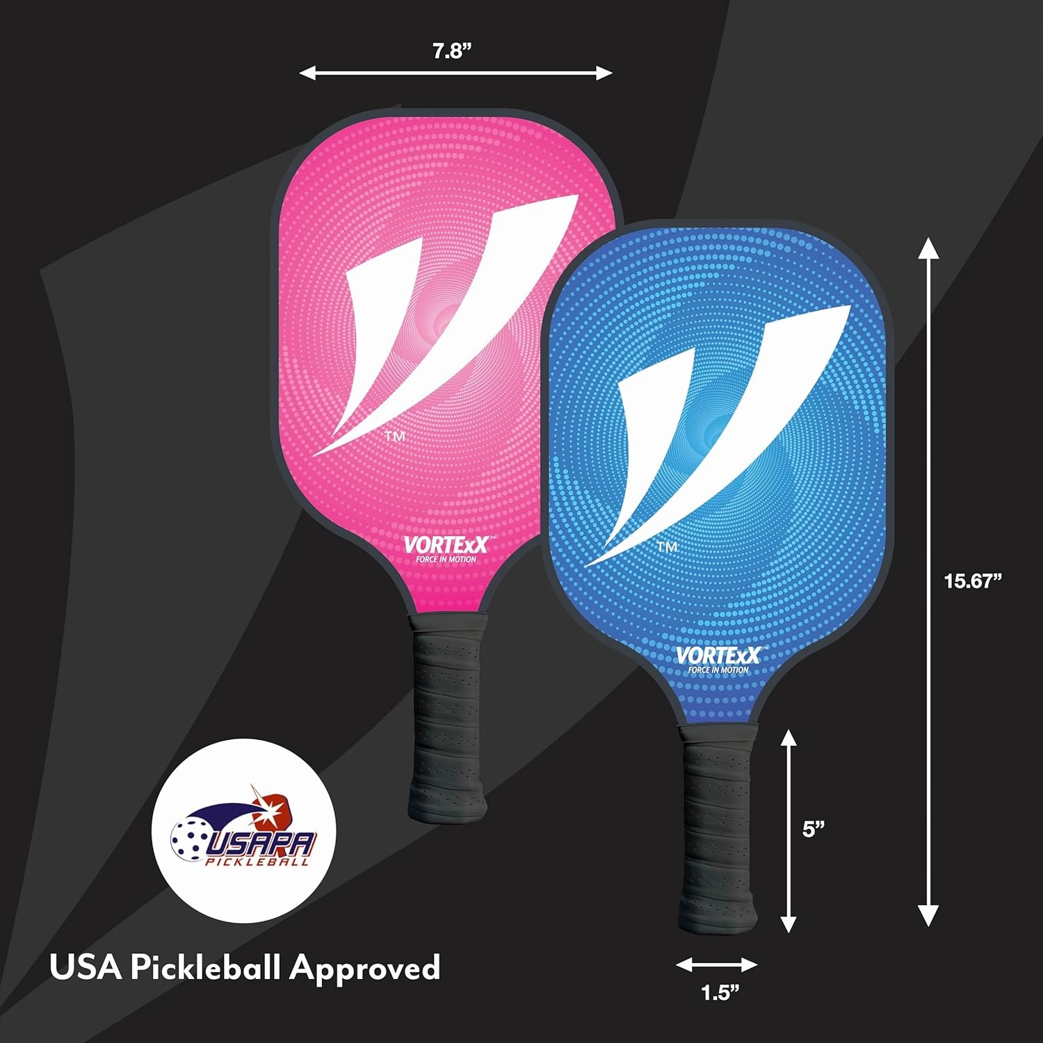 VORTExX Fiberglass Pickleball Paddles Set of 2 - USAPA Approved, Non-Slip Grip Pickle Ball Rackets 2 Pack Complete w/Indoor, Outdoor Balls & Carry Bag