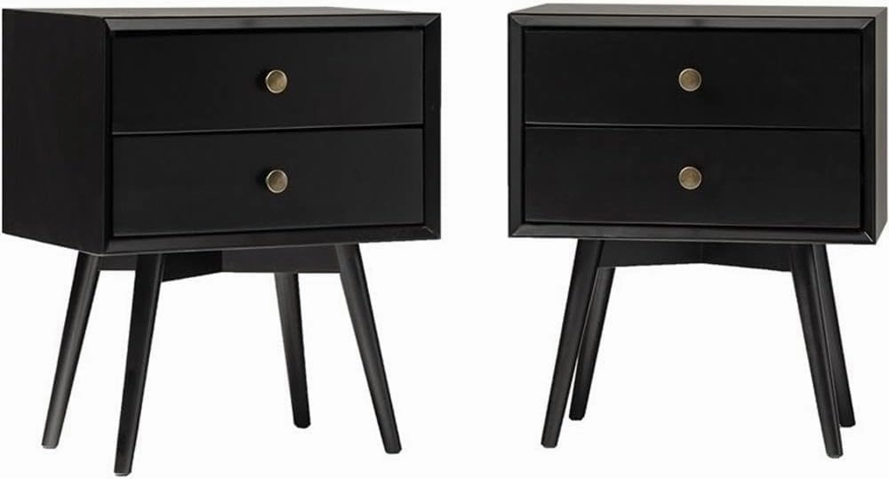 Walker Edison Mia Mid-Century Modern 2-Drawer Solid Wood Nightstands Set of 2 Black