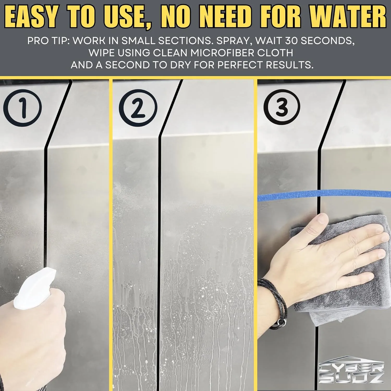 Waterless Stainless Steel Wash, Spot Cleaning For Tesla CyberTruck All Exterior Surfaces - Removes Fingerprints, Water Spots, Dirt & Bird Droppings. Made in USA, 17 Fl. Oz.
