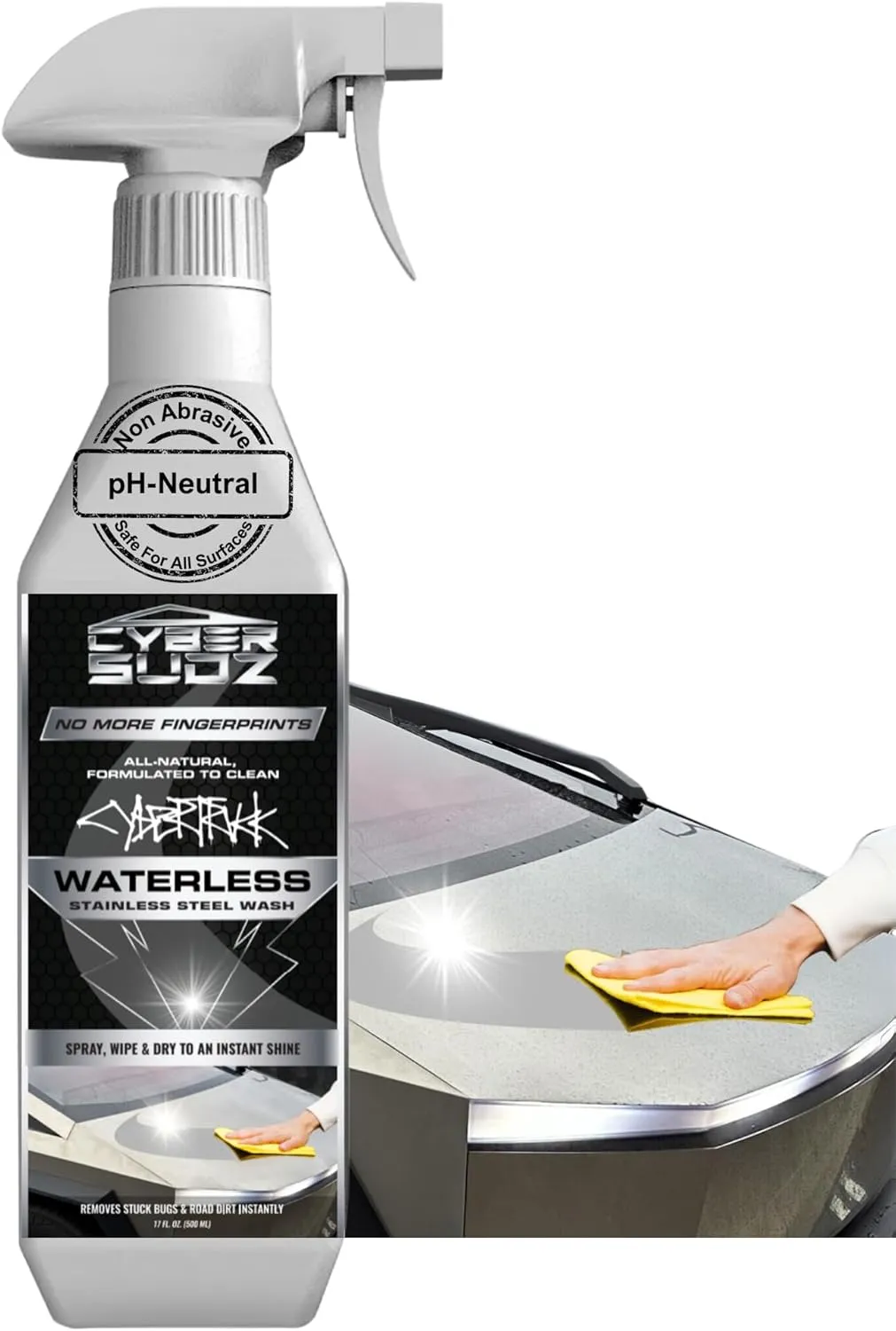 Waterless Stainless Steel Wash, Spot Cleaning For Tesla CyberTruck All Exterior Surfaces - Removes Fingerprints, Water Spots, Dirt & Bird Droppings. Made in USA, 17 Fl. Oz.
