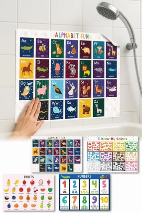 Waterproof Toddler Learning Posters – Made in Japan – Montessori Educational Bath Poster Set of 4 – ABC, Numbers, Colors & Fruits – Tearproof, Easy-Peel Bathtub Toy for Kids