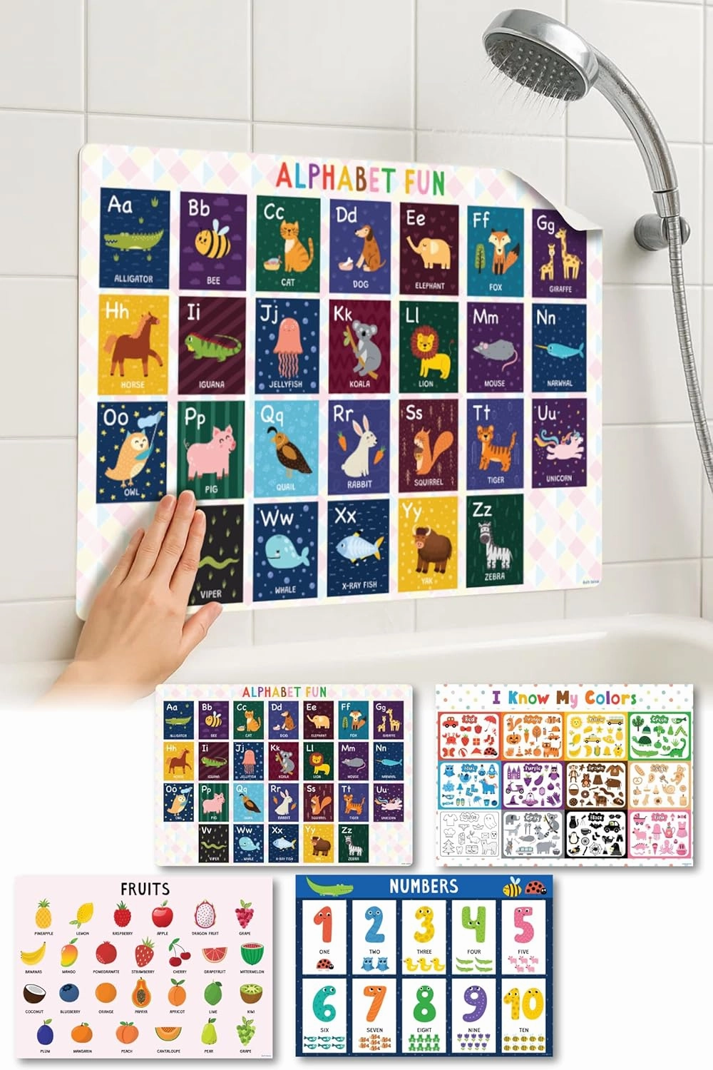 Waterproof Toddler Learning Posters – Made in Japan – Montessori Educational Bath Poster Set of 4 – ABC, Numbers, Colors & Fruits – Tearproof, Easy-Peel Bathtub Toy for Kids