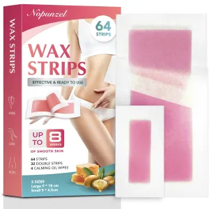 Wax Strips: 64 Waxing Strips - Hair Removal Wax - Brazilian Waxing - Waxing Kit for Women - Body Legs Arms Chest Bikini Back - Wax Kit At Home for Hair Removal - 2 sizes - 4 Calming Oil Wipes