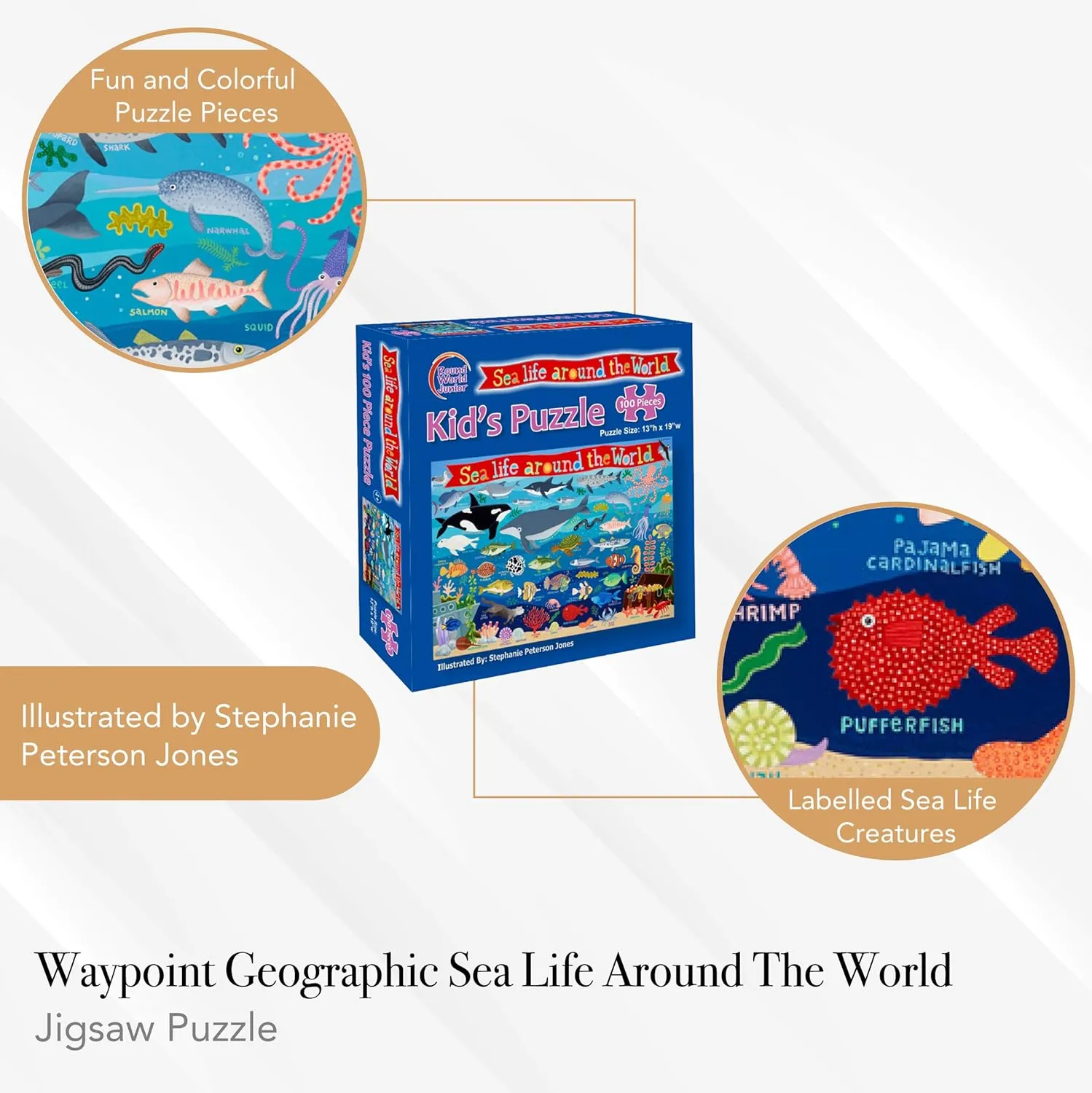 Waypoint Geographic Sea Life Around The World 100-Piece Jigsaw Puzzle, Puzzles for Kids, Jigsaw Puzzles for Endless Fun, Educational Puzzles for Personalized Gifts, 13" x 19"