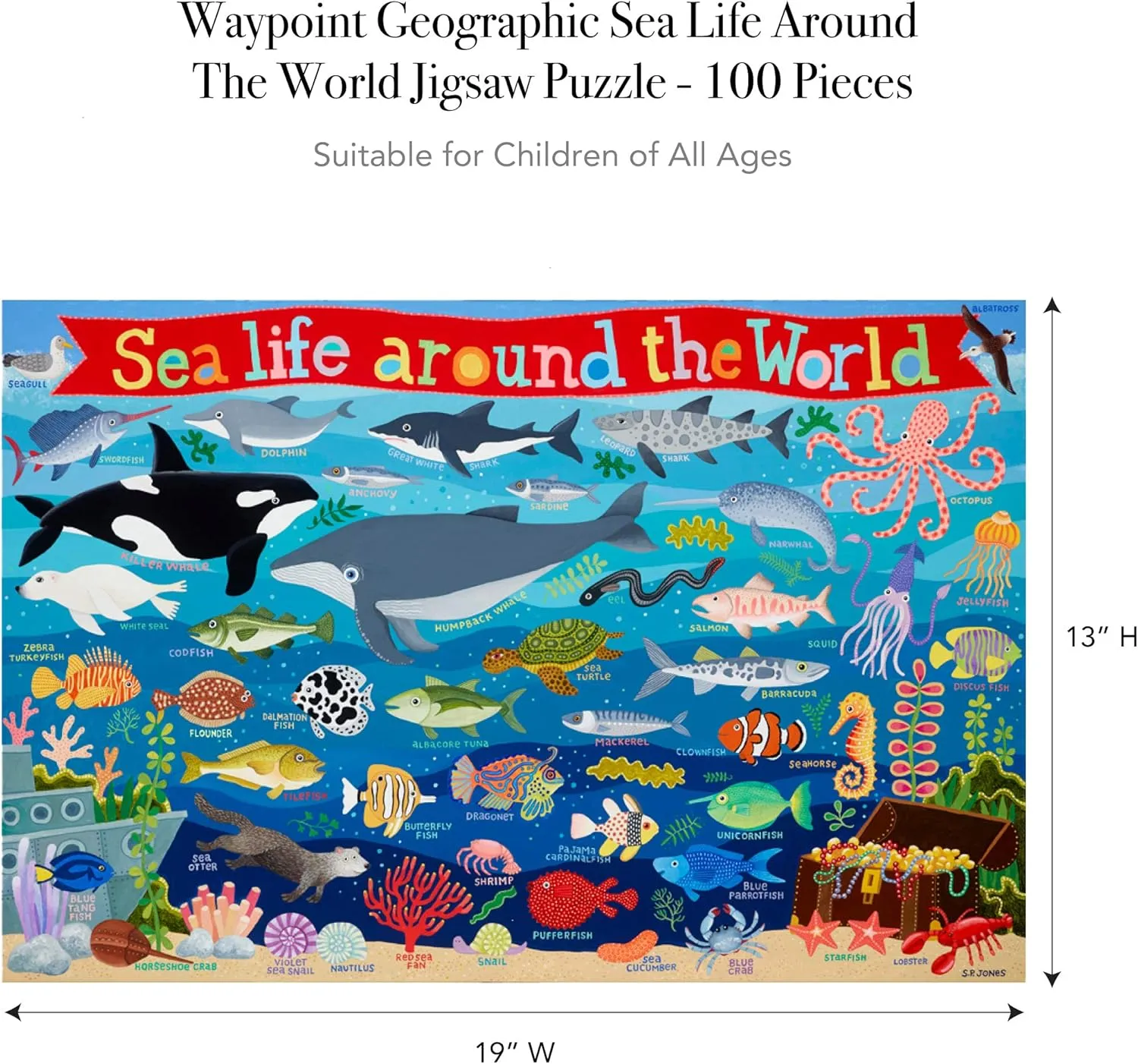 Waypoint Geographic Sea Life Around The World 100-Piece Jigsaw Puzzle, Puzzles for Kids, Jigsaw Puzzles for Endless Fun, Educational Puzzles for Personalized Gifts, 13" x 19"