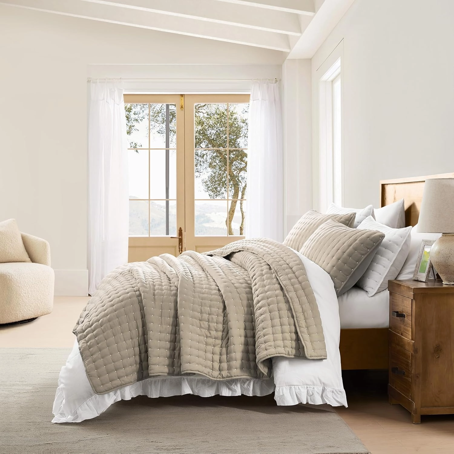 WDCOZY Beige King Size Quilt Bedding Sets with Pillow Shams, Tan Cream Lightweight Bedspread Coverlet, Quilted Blanket Thin Comforter Bed Cover, All Season Summer Spring, 3 Pieces, 104x90 inches