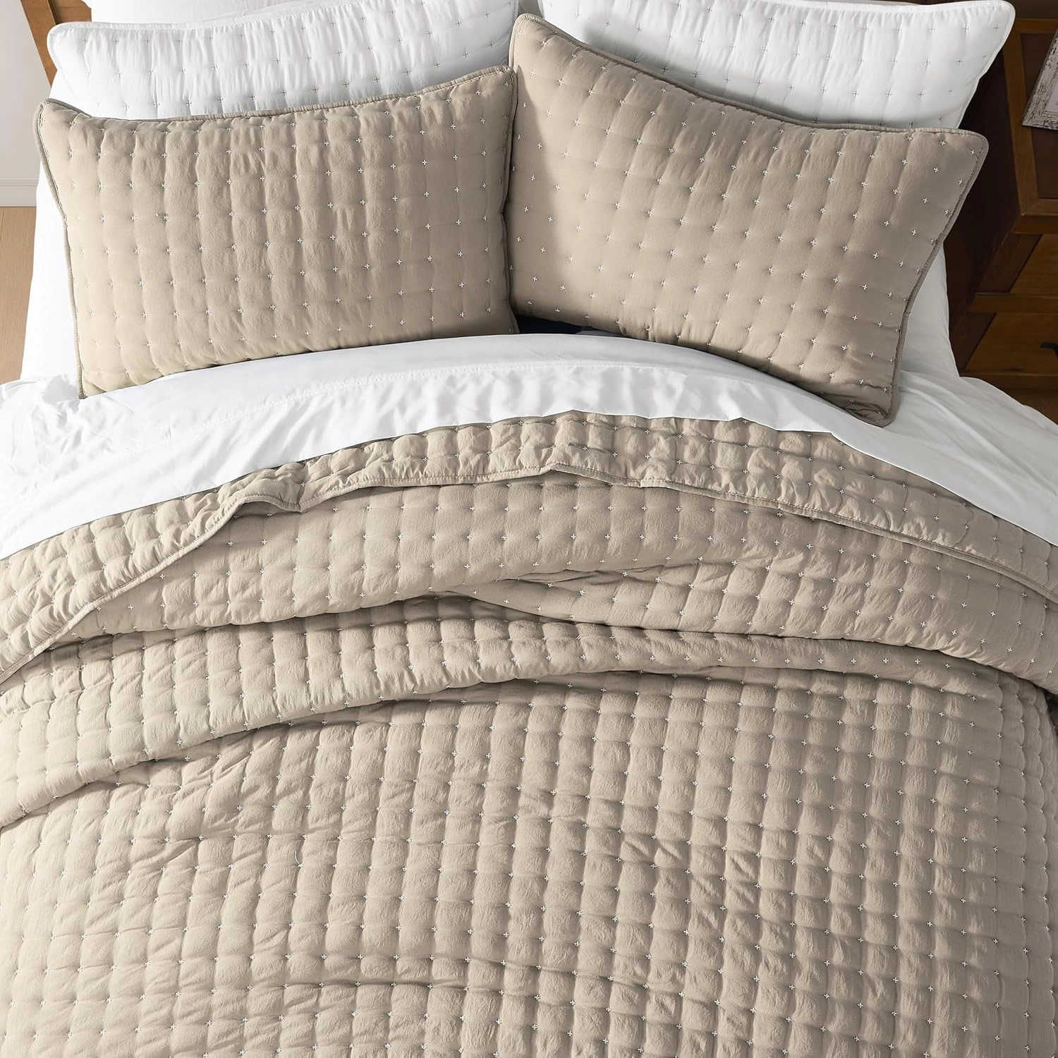 WDCOZY Beige King Size Quilt Bedding Sets with Pillow Shams, Tan Cream Lightweight Bedspread Coverlet, Quilted Blanket Thin Comforter Bed Cover, All Season Summer Spring, 3 Pieces, 104x90 inches