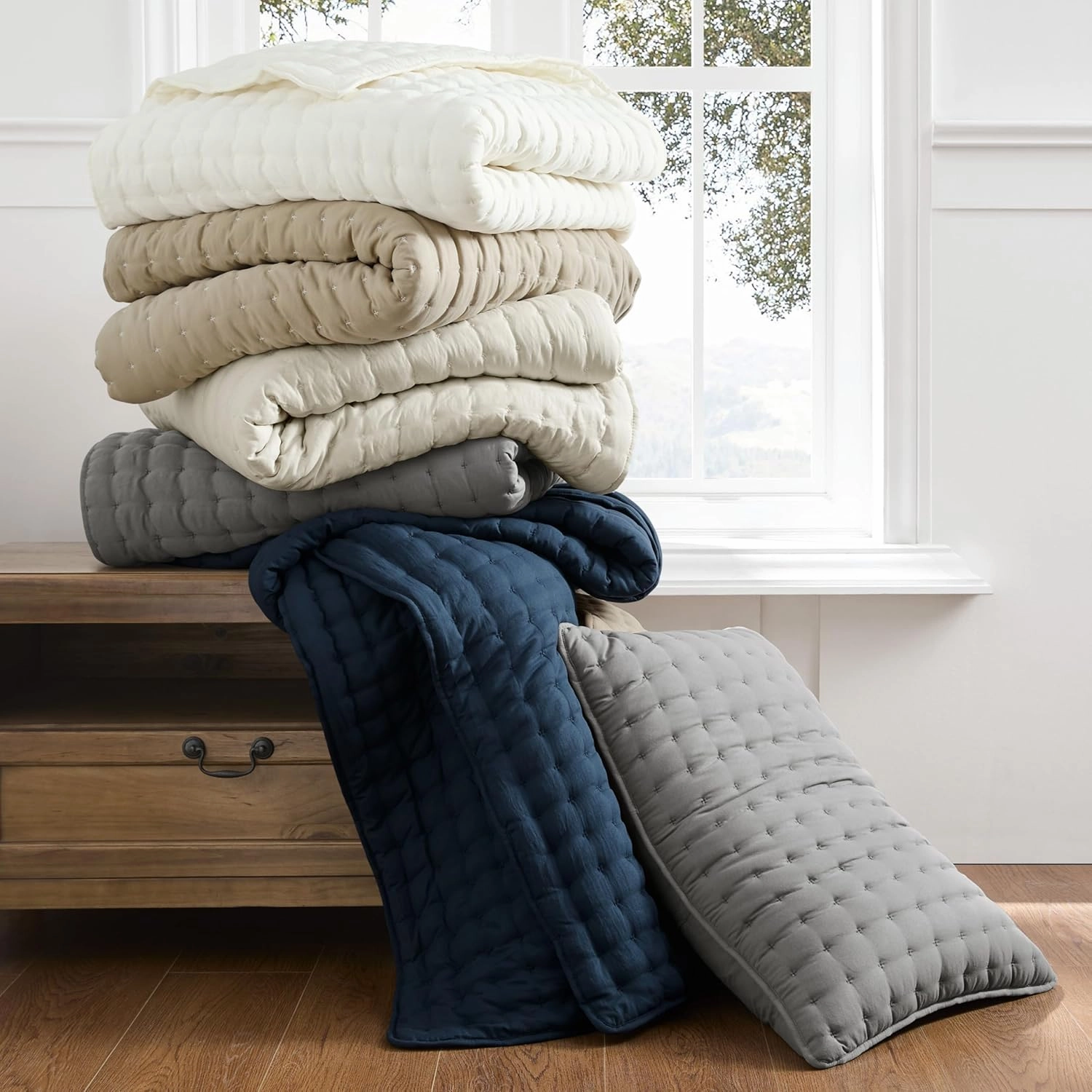 WDCOZY Beige King Size Quilt Bedding Sets with Pillow Shams, Tan Cream Lightweight Bedspread Coverlet, Quilted Blanket Thin Comforter Bed Cover, All Season Summer Spring, 3 Pieces, 104x90 inches