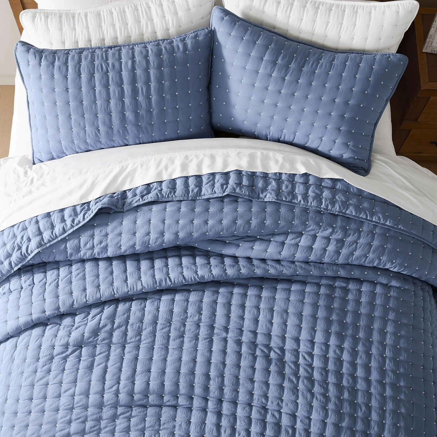 WDCOZY Blue King Size Quilt Bedding Sets with Pillow Shams, Lightweight Soft Bedspread Coverlet, Quilted Blanket Thin Comforter Bed Cover, All Season Summer Spring, 3 Pieces, 104x90 inches