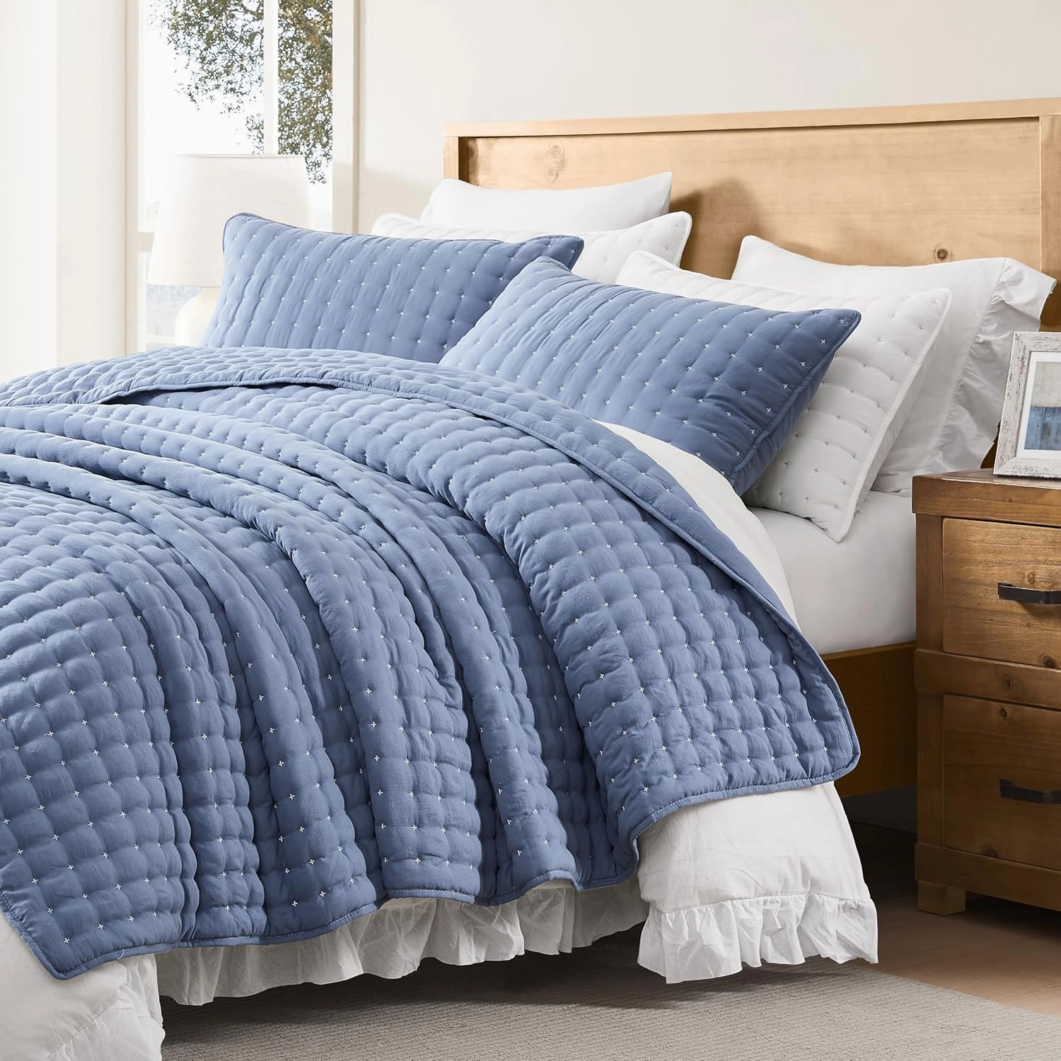 WDCOZY Blue King Size Quilt Bedding Sets with Pillow Shams, Lightweight Soft Bedspread Coverlet, Quilted Blanket Thin Comforter Bed Cover, All Season Summer Spring, 3 Pieces, 104x90 inches