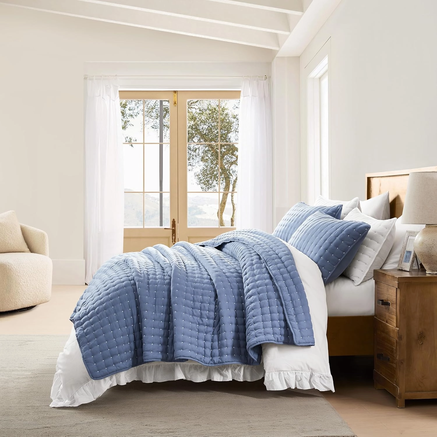 WDCOZY Blue King Size Quilt Bedding Sets with Pillow Shams, Lightweight Soft Bedspread Coverlet, Quilted Blanket Thin Comforter Bed Cover, All Season Summer Spring, 3 Pieces, 104x90 inches