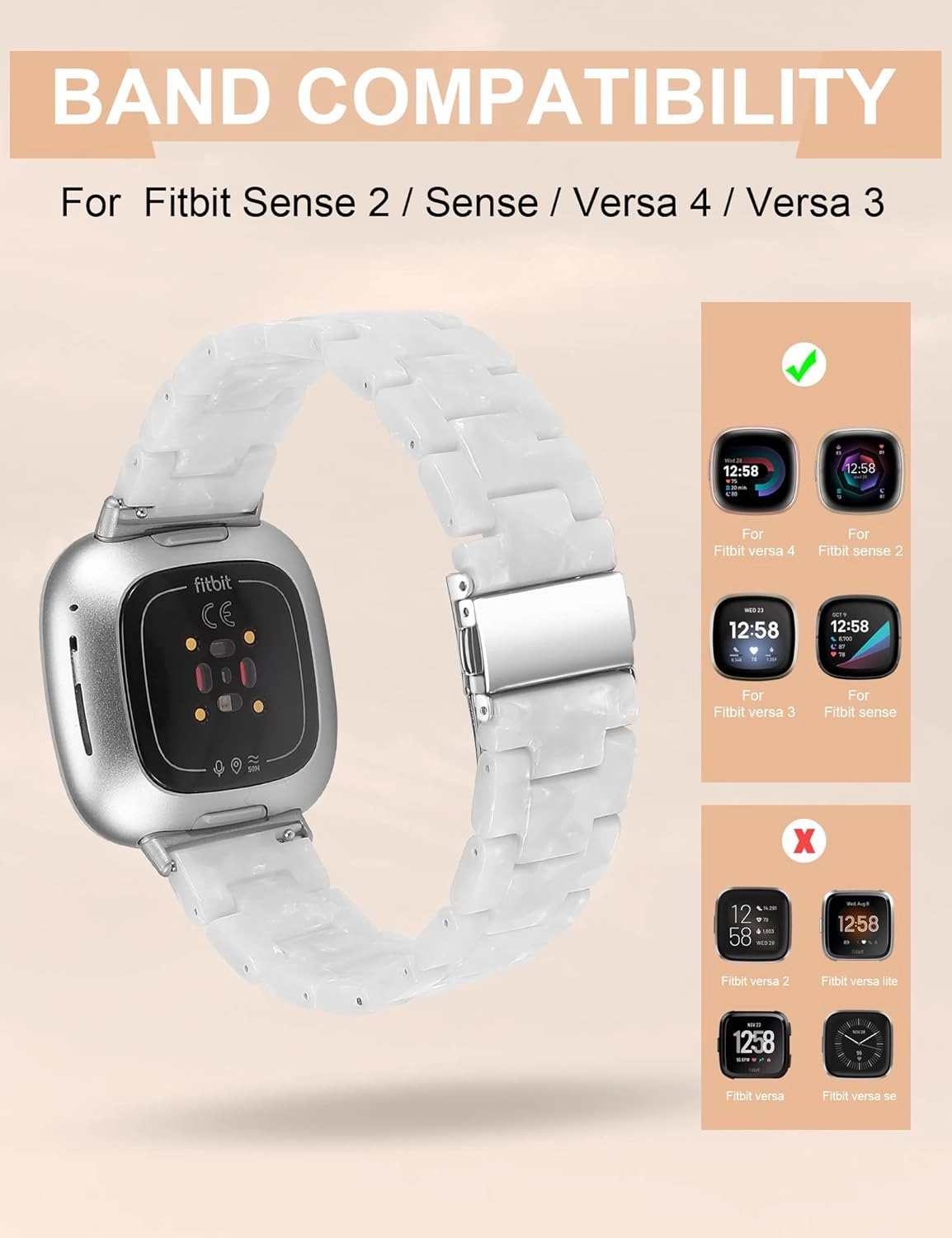 Wearlizer Resin Band Compatible with Fitbit Sense & Versa Bands, Lightweight Fashion Wristband Strap Accessories for Women & Men
