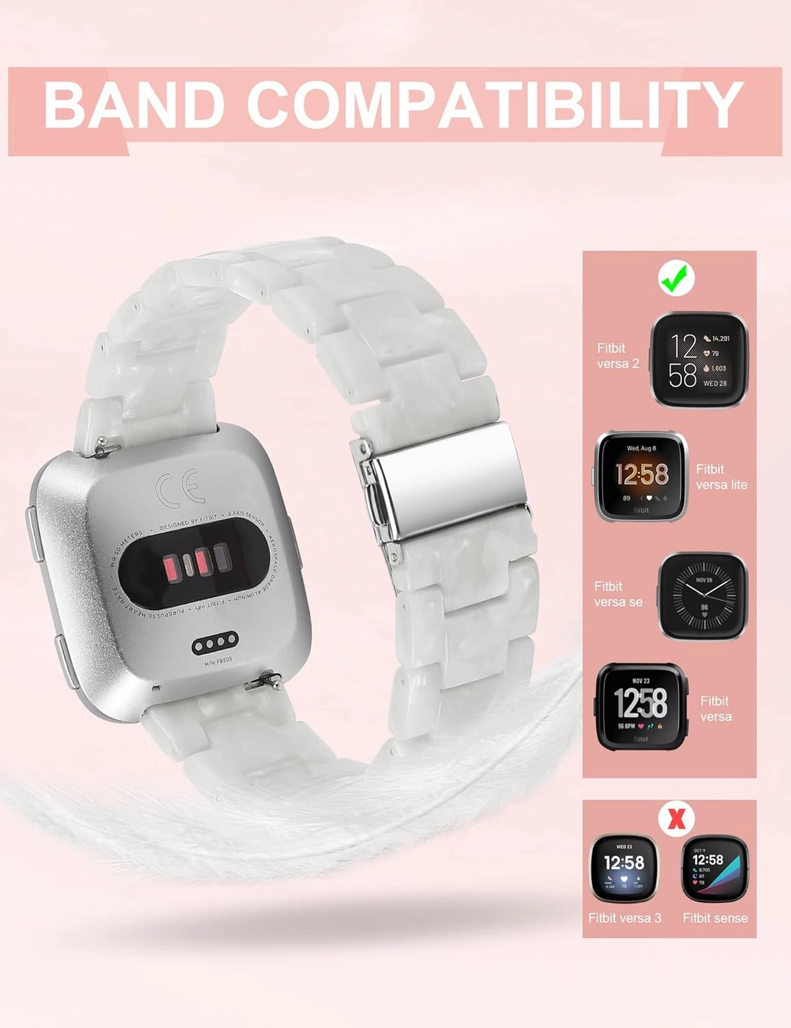 Wearlizer Resin Band Compatible with Fitbit Versa/Versa 2 Bands for Women Men Lightweight Bracelet Replacement Wristband Strap for Smartwatch, Pearl White