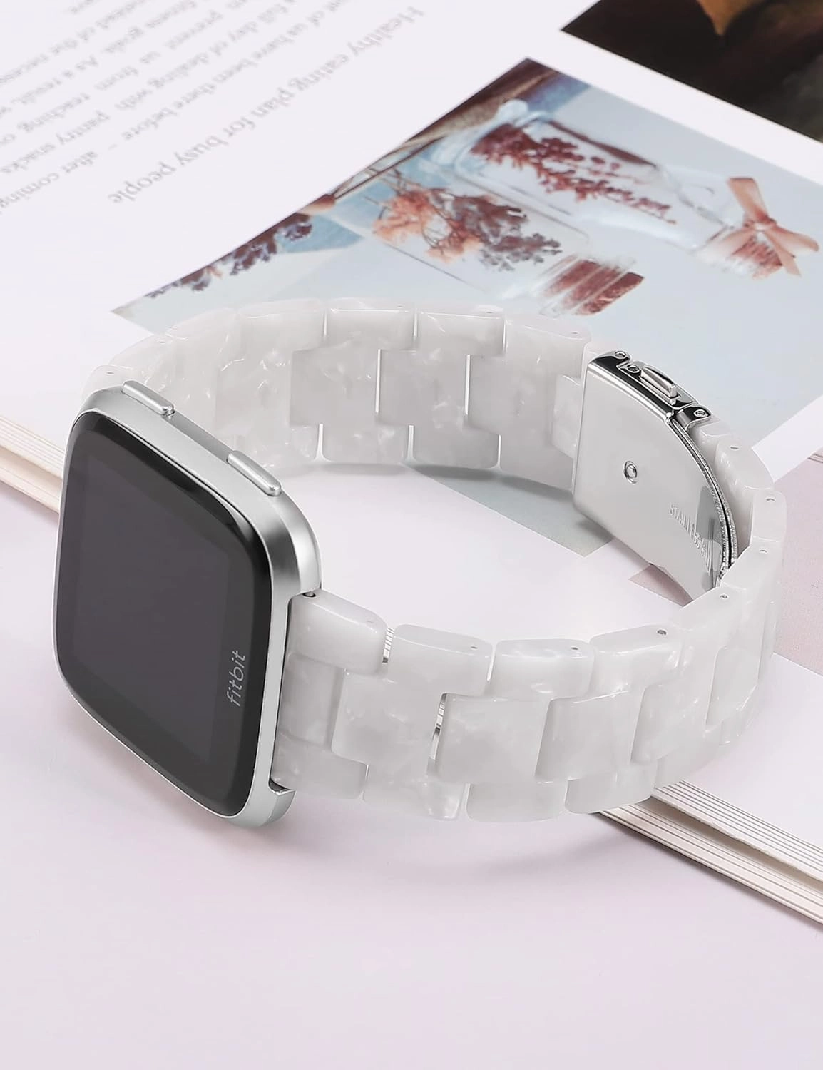 Wearlizer Resin Band Compatible with Fitbit Versa/Versa 2 Bands for Women Men Lightweight Bracelet Replacement Wristband Strap for Smartwatch, Pearl White