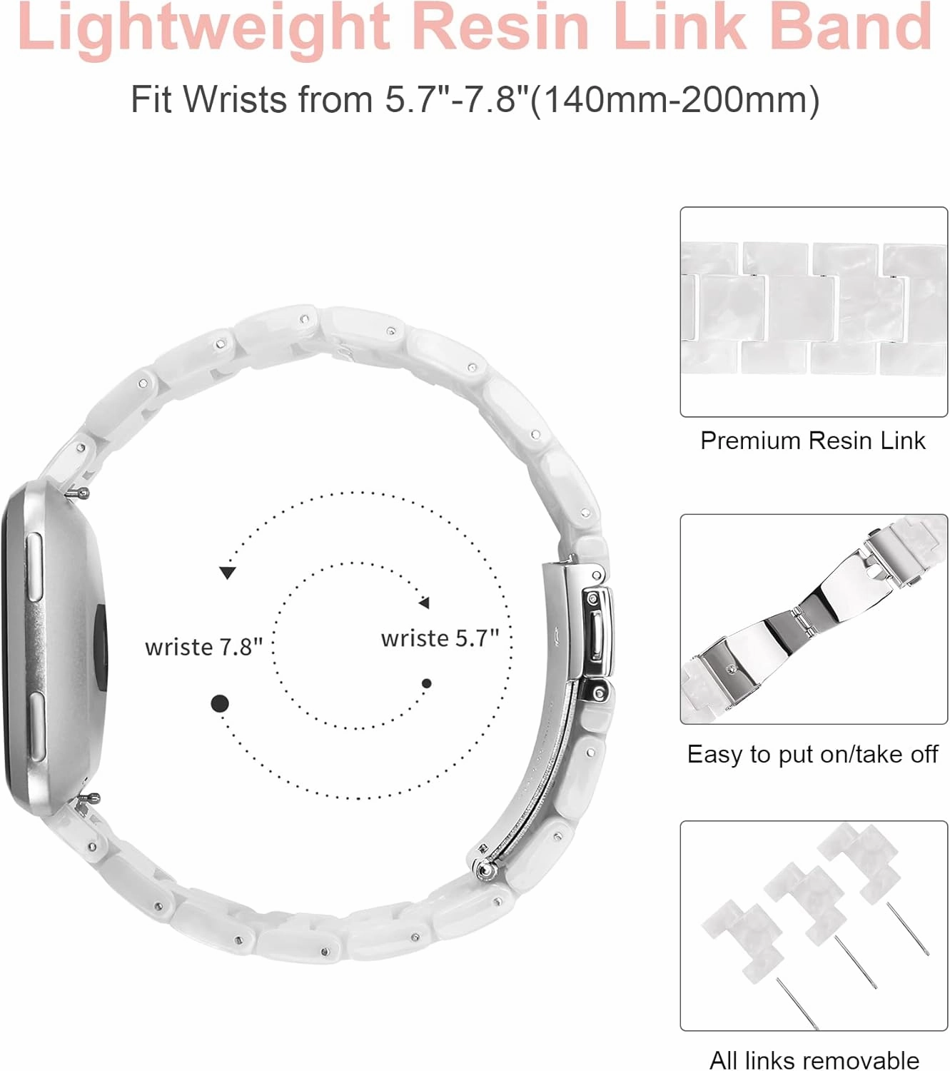 Wearlizer Resin Band Compatible with Fitbit Versa/Versa 2 Bands for Women Men Lightweight Bracelet Replacement Wristband Strap for Smartwatch, Pearl White