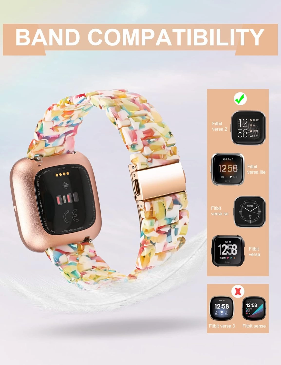 Wearlizer Resin Band Compatible with Fitbit Versa/Versa 2, Lightweight Bracelet Replacement Wristband Strap for Women/Men Smartwatch, Yellow Flower