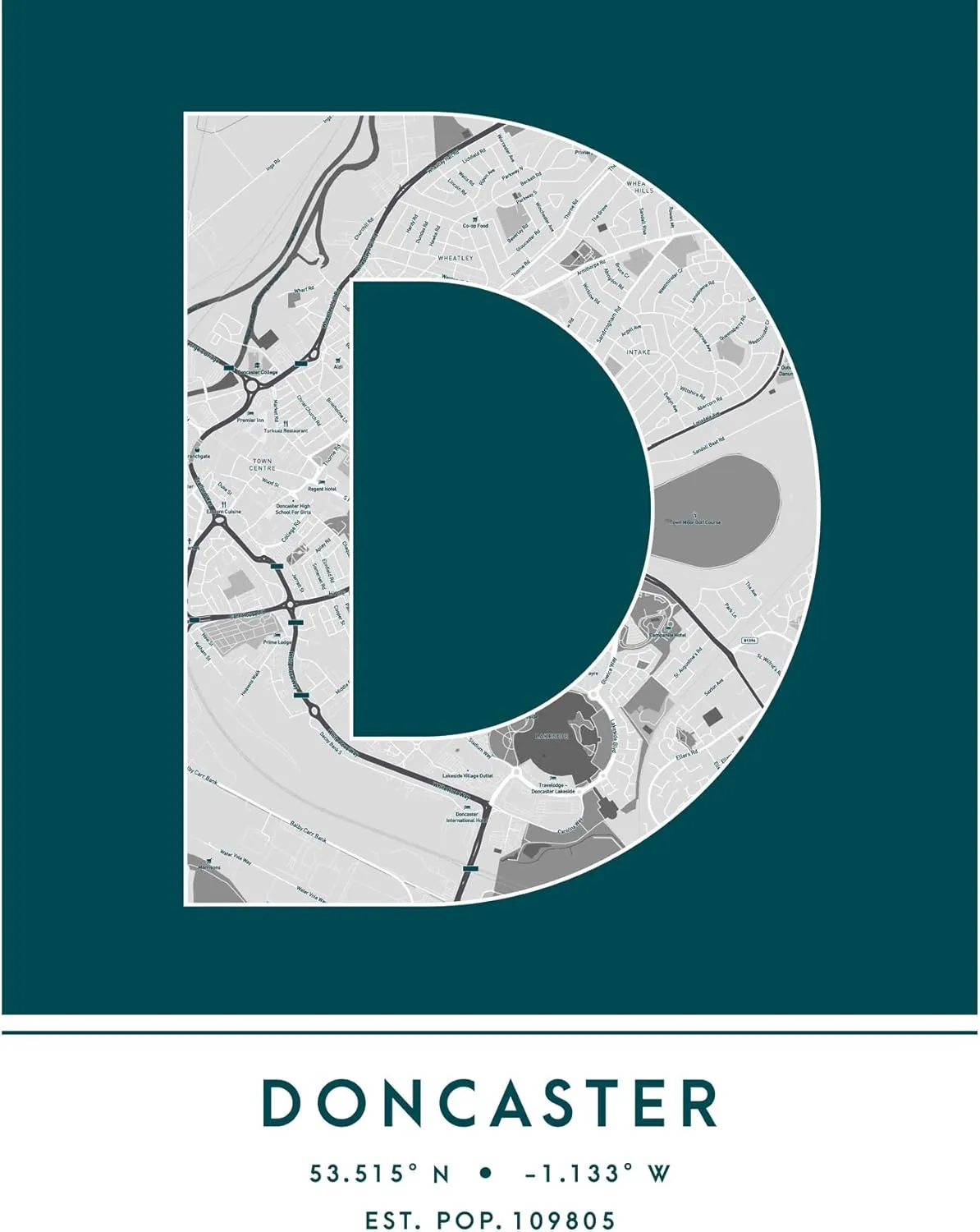 Wee Blue Coo Doncaster England United Kingdom City Map Teal Colour Block Modern Typography Stylish Letter Unframed Word Wall Art Print Poster for Home Décor CITYMAP1