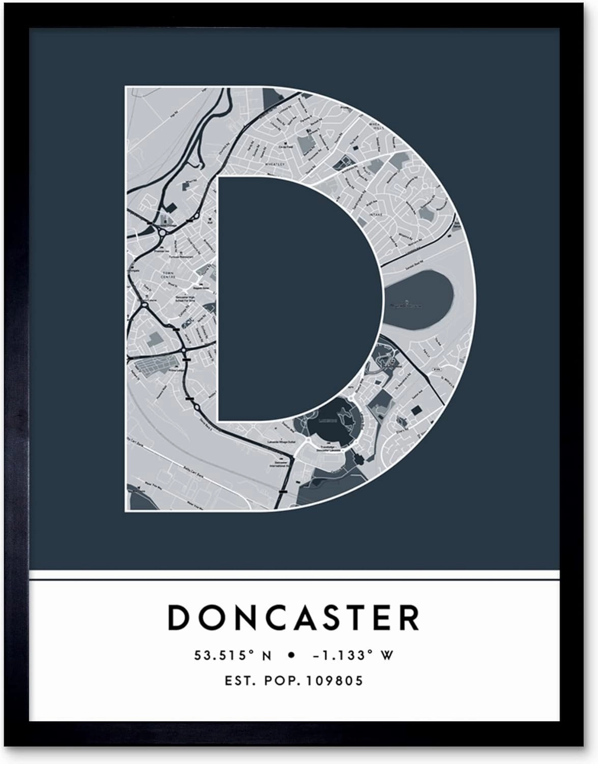 Wee Blue Coo Doncaster England United Kingdom City Map Navy Colour Block Modern Typography Stylish Letter Framed Word Wall Art Print Poster for Home Décor CITYMAP1