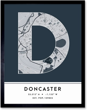 Wee Blue Coo Doncaster England United Kingdom City Map Navy Colour Block Modern Typography Stylish Letter Framed Word Wall Art Print Poster for Home Décor CITYMAP1