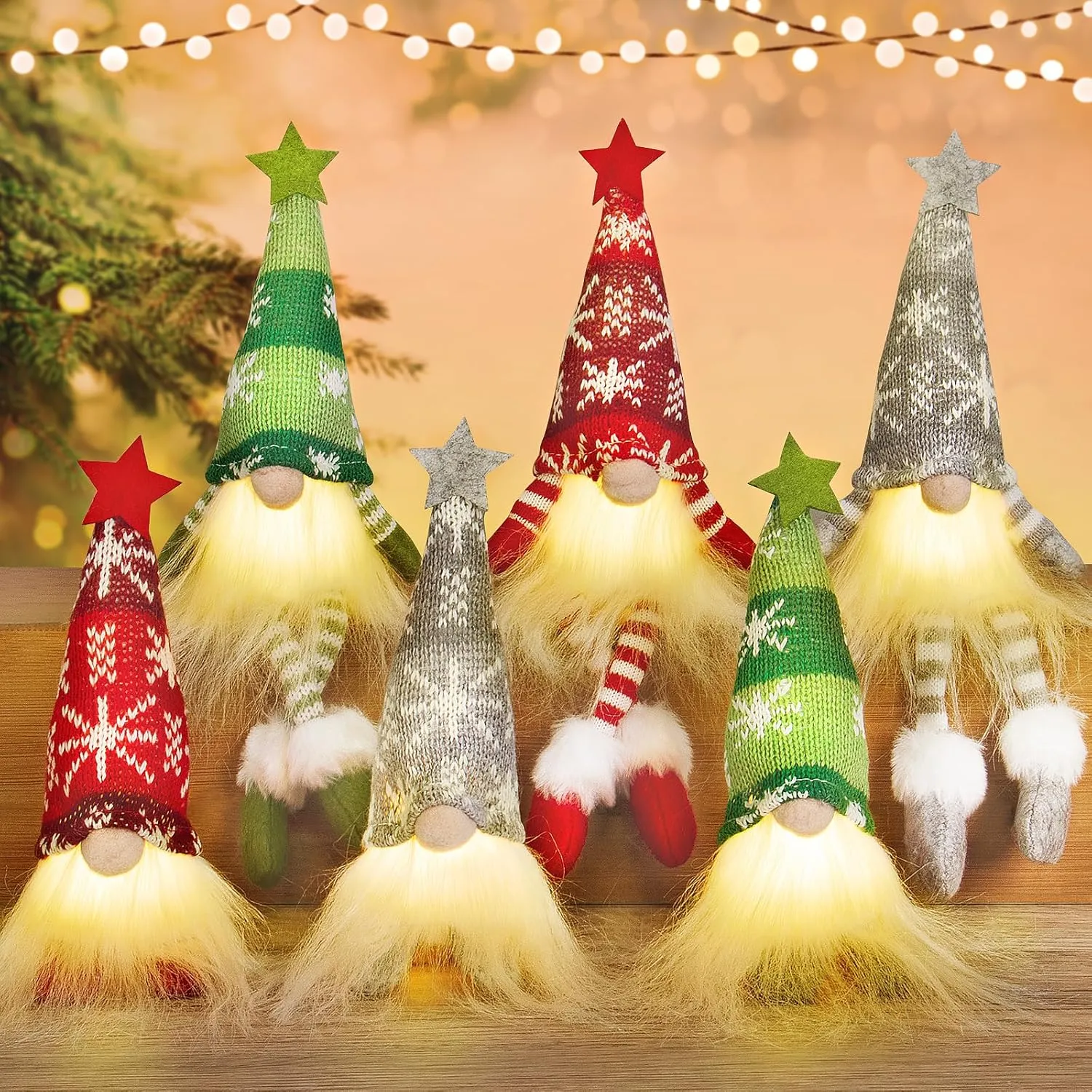 WEMEMORN Gnome Christmas Decorations Set of 6, Lighted Christmas Gnome Ornaments, Swedish Tomte Xmas Gnomes Plush Doll, Scandinavian Santa Christmas Ornaments Indoor Home Tree Tabletop Decoration Gift