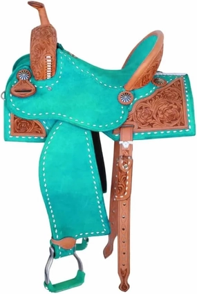 Western Barrel Racing Horse Saddle Premium Leather with Leather Suede Tooled Carved Racer Riding Trail Equestrian Best Riding for Rider Tack Horse Saddle Size: 10-18 inches Seat Available,