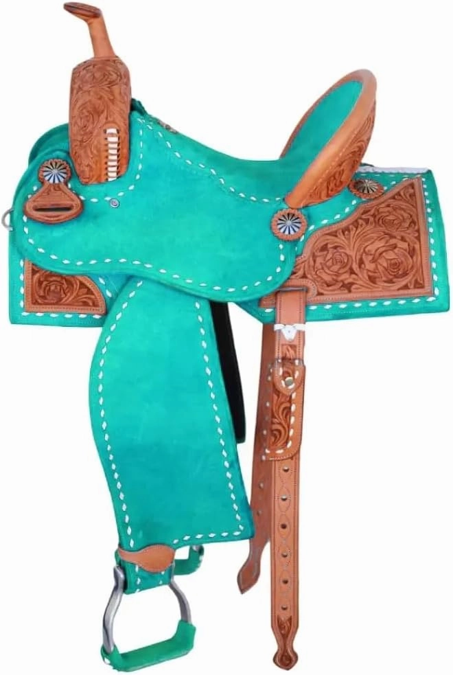 Western Barrel Racing Horse Saddle Premium Leather with Leather Suede Tooled Carved Racer Riding Trail Equestrian Best Riding for Rider Tack Horse Saddle Size: 10-18 inches Seat Available,